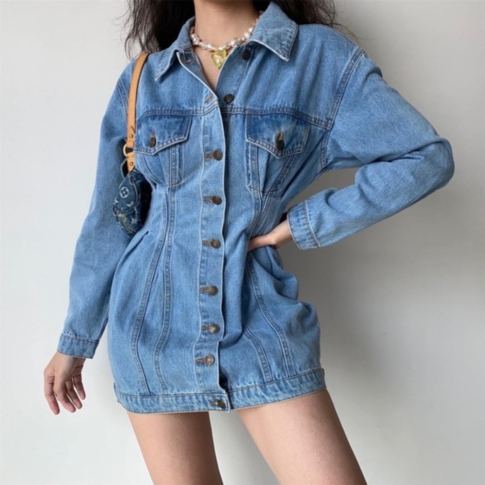 Nicepark Light Wash Denim Mini Dress Button Front Cinched Waist fits xxs NEW‎